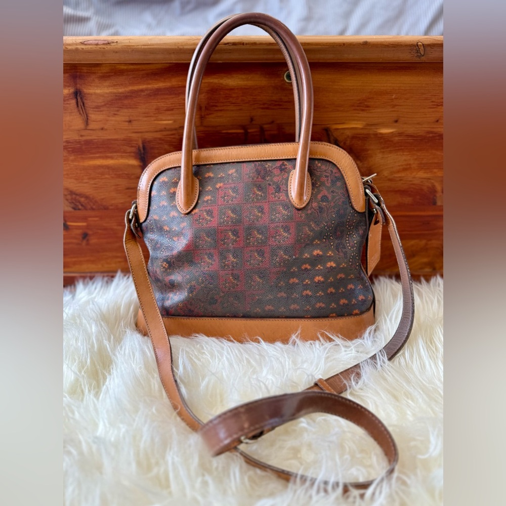 Vintage Escada Handbag Paisley Leather Canvas Purse Brown Red Green Patina - Picture 2 of 8
